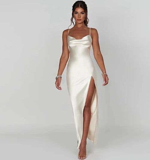 LeRoxy | Dames Slipdress Satijnen Look Lange Jurk Cowl Hals Spaghetti Bandjes