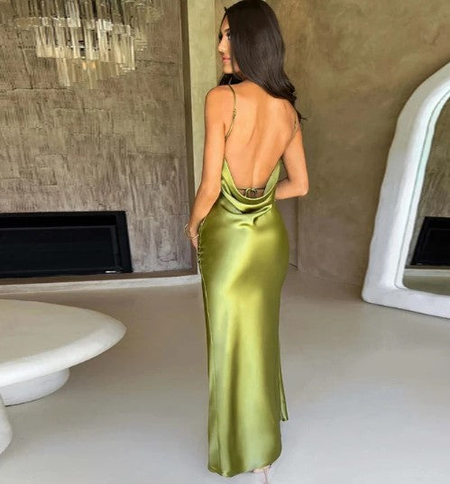 LeRoxy | Dames Slipdress Satijnen Look Lange Jurk Cowl Hals Spaghetti Bandjes