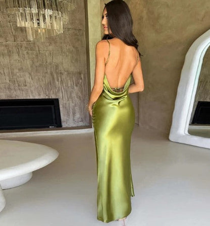 LeRoxy | Dames Slipdress Satijnen Look Lange Jurk Cowl Hals Spaghetti Bandjes