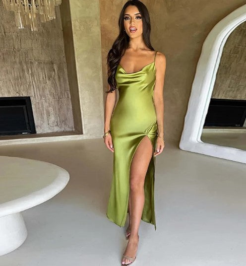 LeRoxy | Dames Slipdress Satijnen Look Lange Jurk Cowl Hals Spaghetti Bandjes