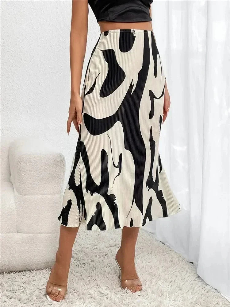 Leroxy | Dames Midi-Rok | Hoge Taille & Geplooid |Trendy Grafische Print