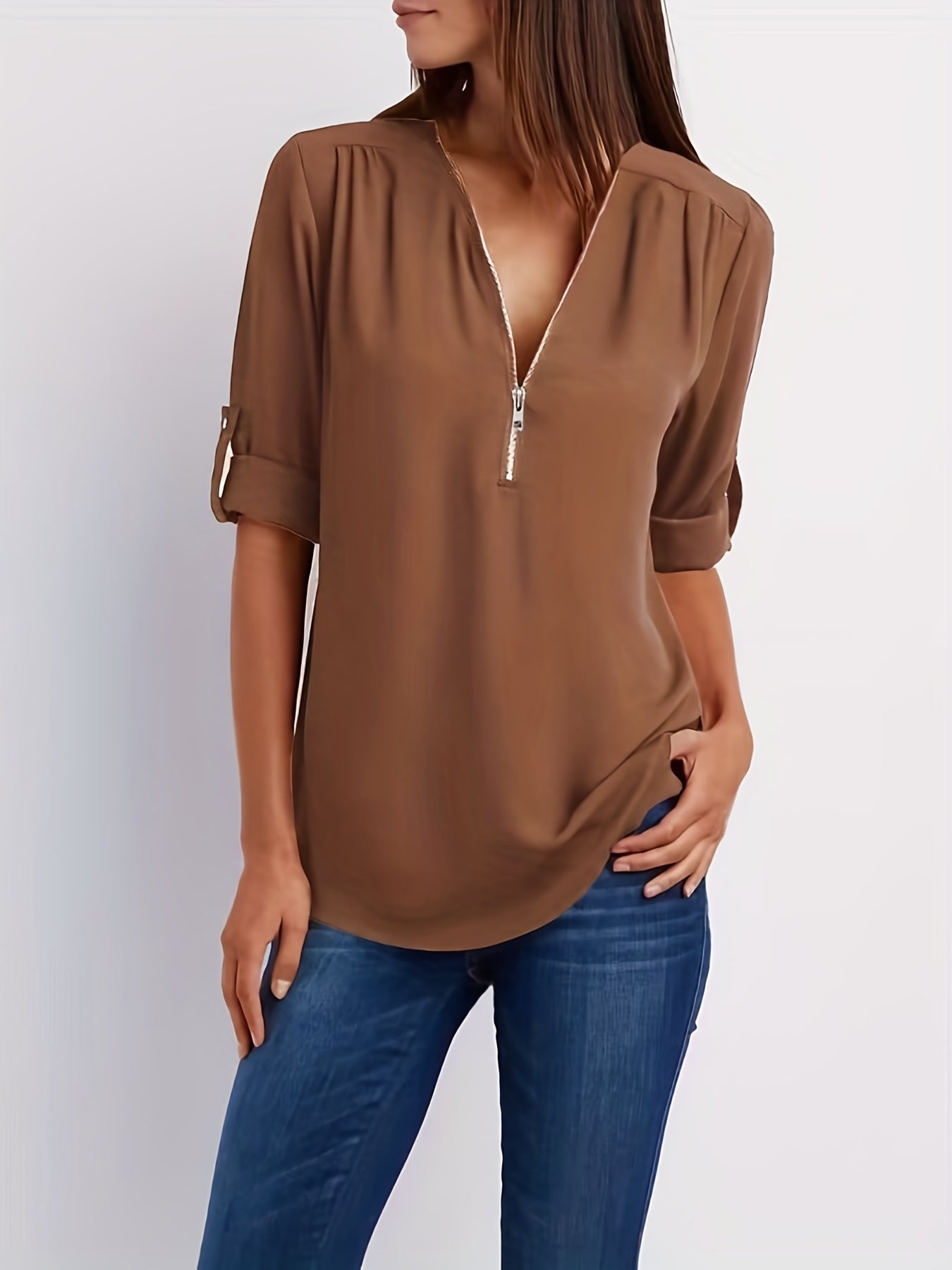 LeRoxy | V-Hals Damesblouse met Halve Rits & Oprolbare Mouwen | Casual Chic Top
