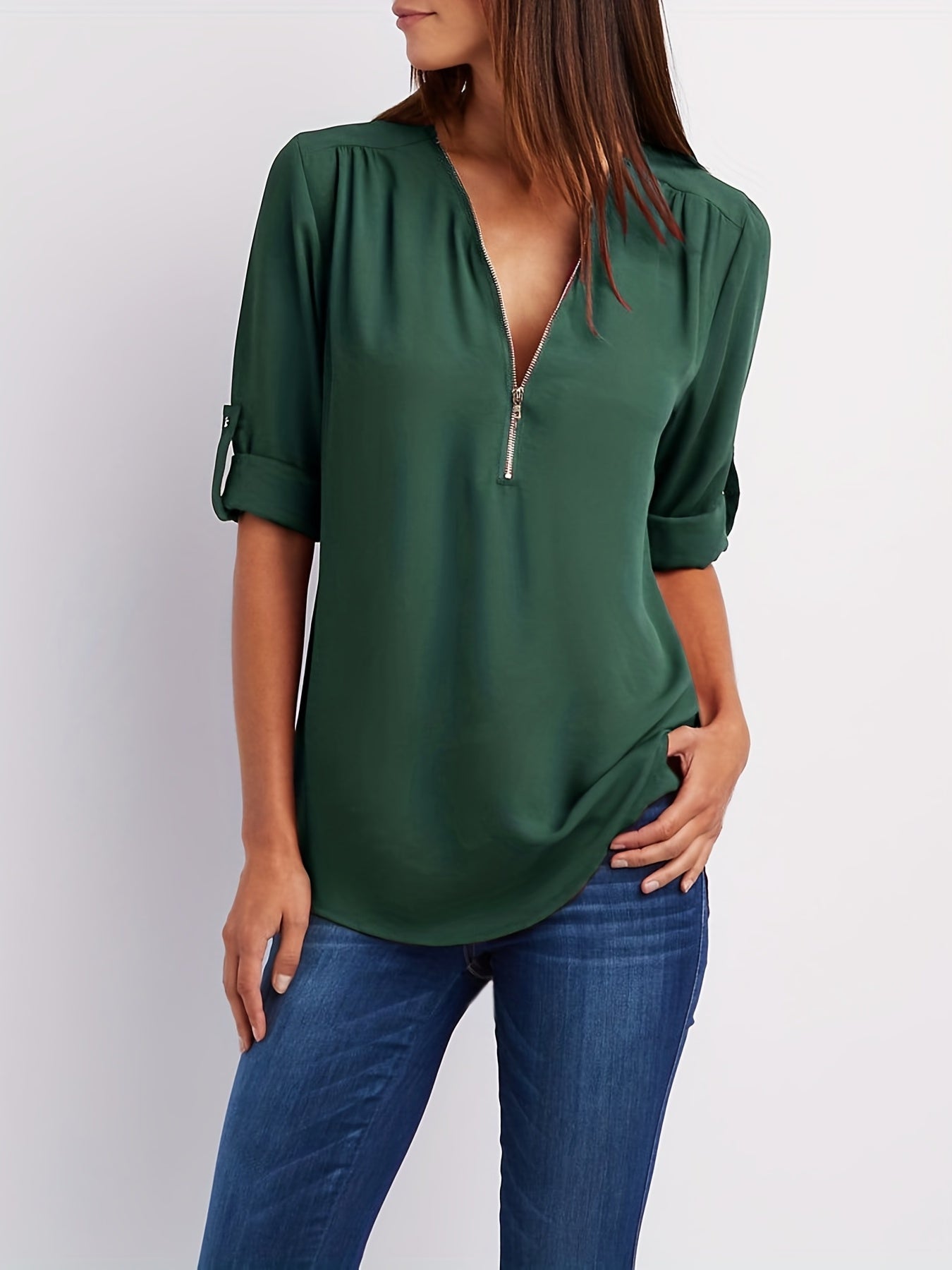 LeRoxy | V-Hals Damesblouse met Halve Rits & Oprolbare Mouwen | Casual Chic Top