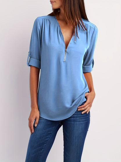 LeRoxy | V-Hals Damesblouse met Halve Rits & Oprolbare Mouwen | Casual Chic Top