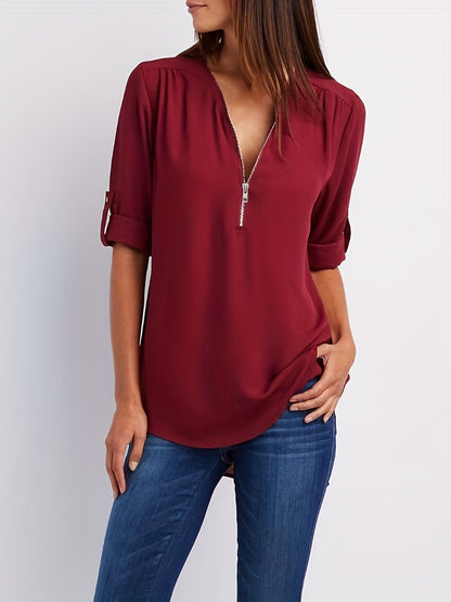 LeRoxy | V-Hals Damesblouse met Halve Rits & Oprolbare Mouwen | Casual Chic Top