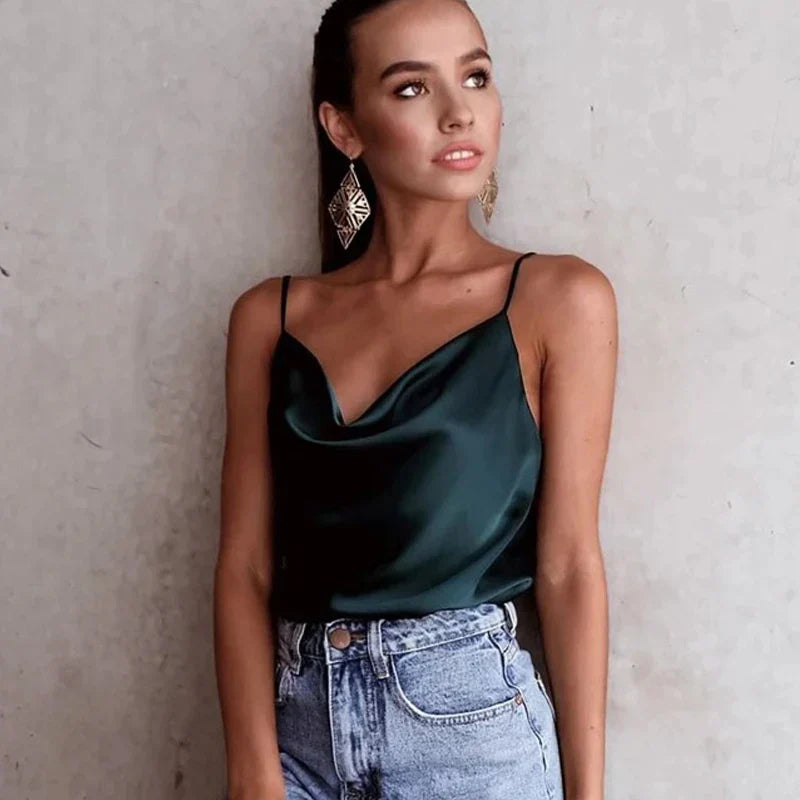 LeRoxy | Dames Satijnen Spaghetti Strap Tank Top | Elegante Drapeer Top voor een Luxe Look