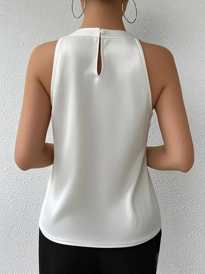 LeRoxy | Dames Satijnen Blouse Mouwloos | Open Schouders, Halternek & Plooidetail | Elegant