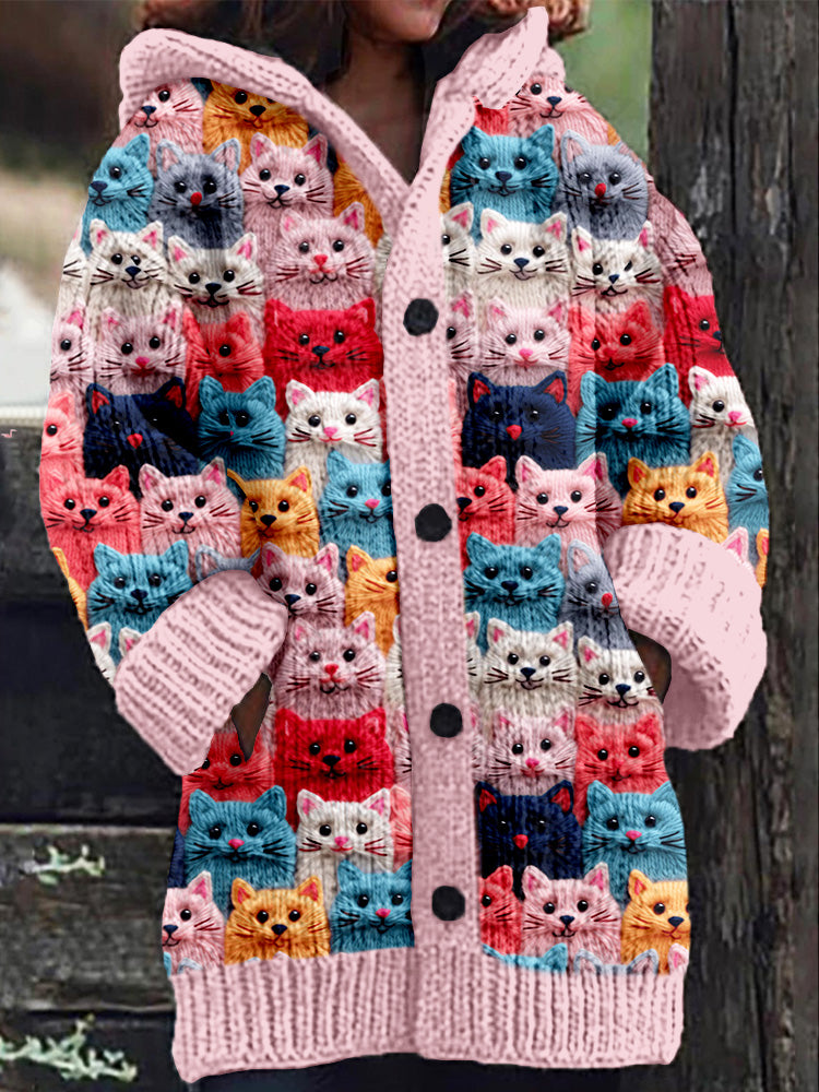 LeRoxy | Gebreide Damesjas met Knoopsluiting en Kattenprint | Comfortabel & Stijlvol
