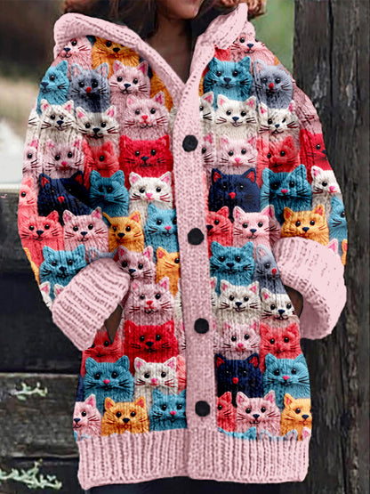 LeRoxy | Gebreide Damesjas met Knoopsluiting en Kattenprint | Comfortabel & Stijlvol
