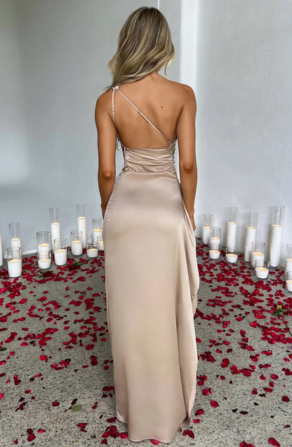 LeRoxy | Elegante Satijnen Splitjurk | Eén Schouder Avondjurk | Luxe Damesmode