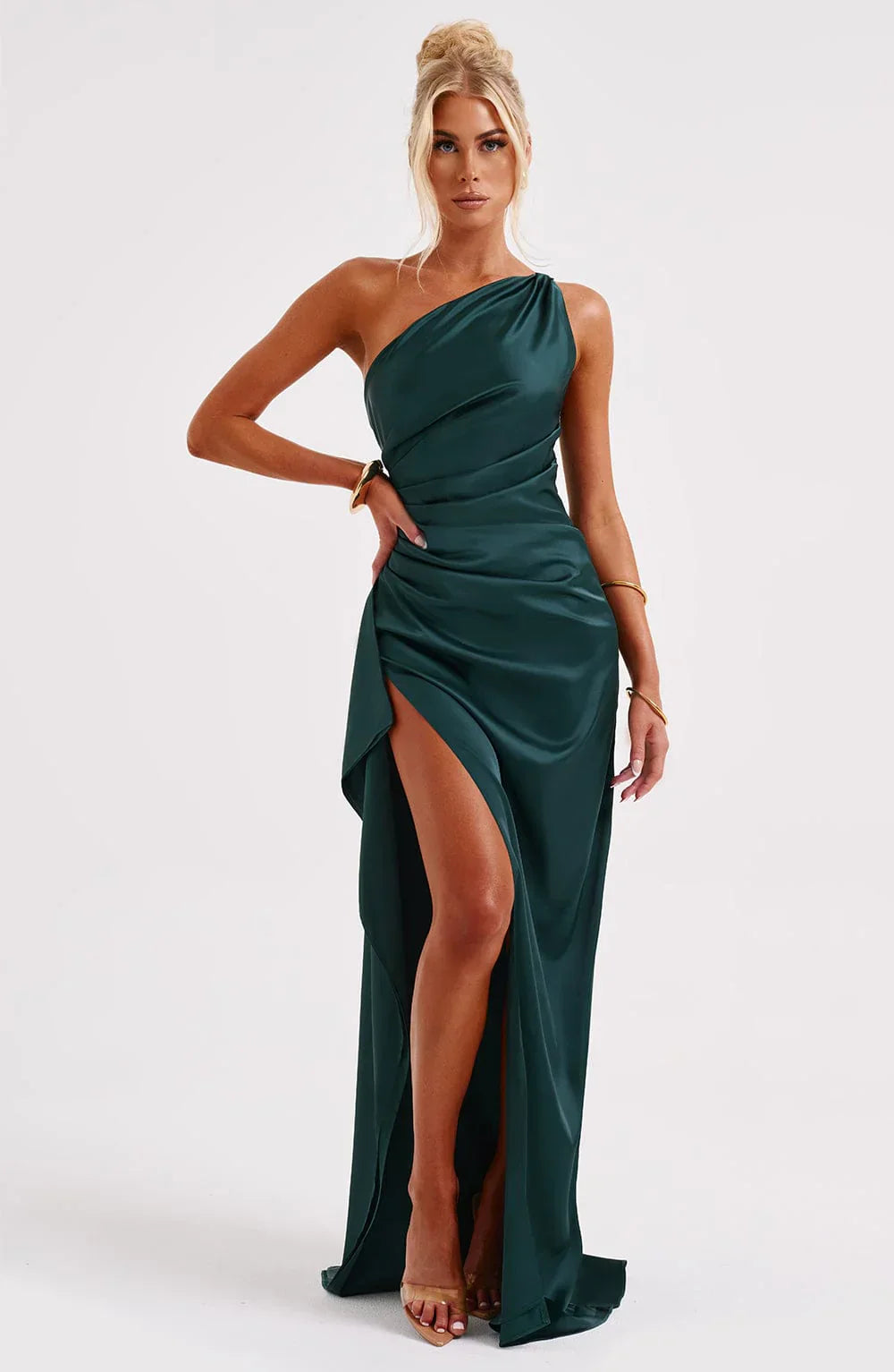 LeRoxy | Elegante Satijnen Splitjurk | Eén Schouder Avondjurk | Luxe Damesmode