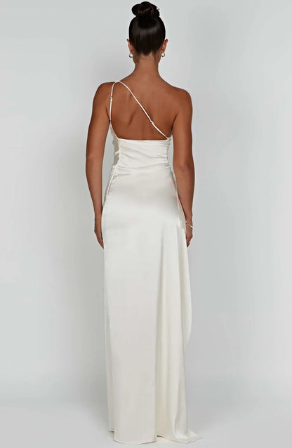 LeRoxy | Elegante Satijnen Splitjurk | Eén Schouder Avondjurk | Luxe Damesmode