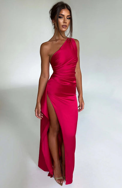 LeRoxy | Elegante Satijnen Splitjurk | Eén Schouder Avondjurk | Luxe Damesmode