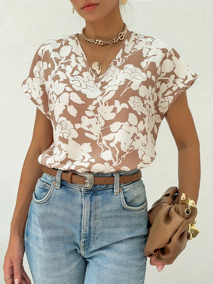 LeRoxy | Bloemenblouse met V-hals en Korte Mouwen - Luchtig Casual Voor Lente en Zomer