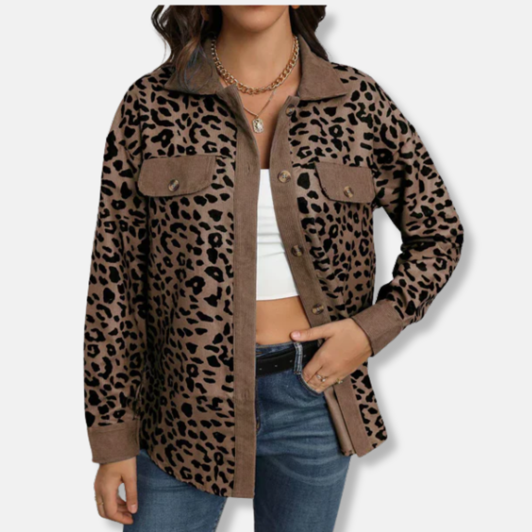 LeRoxy | Dames Jacket van Ribstof met Luipaardprint, Relaxed Fit en Lange Mouwen