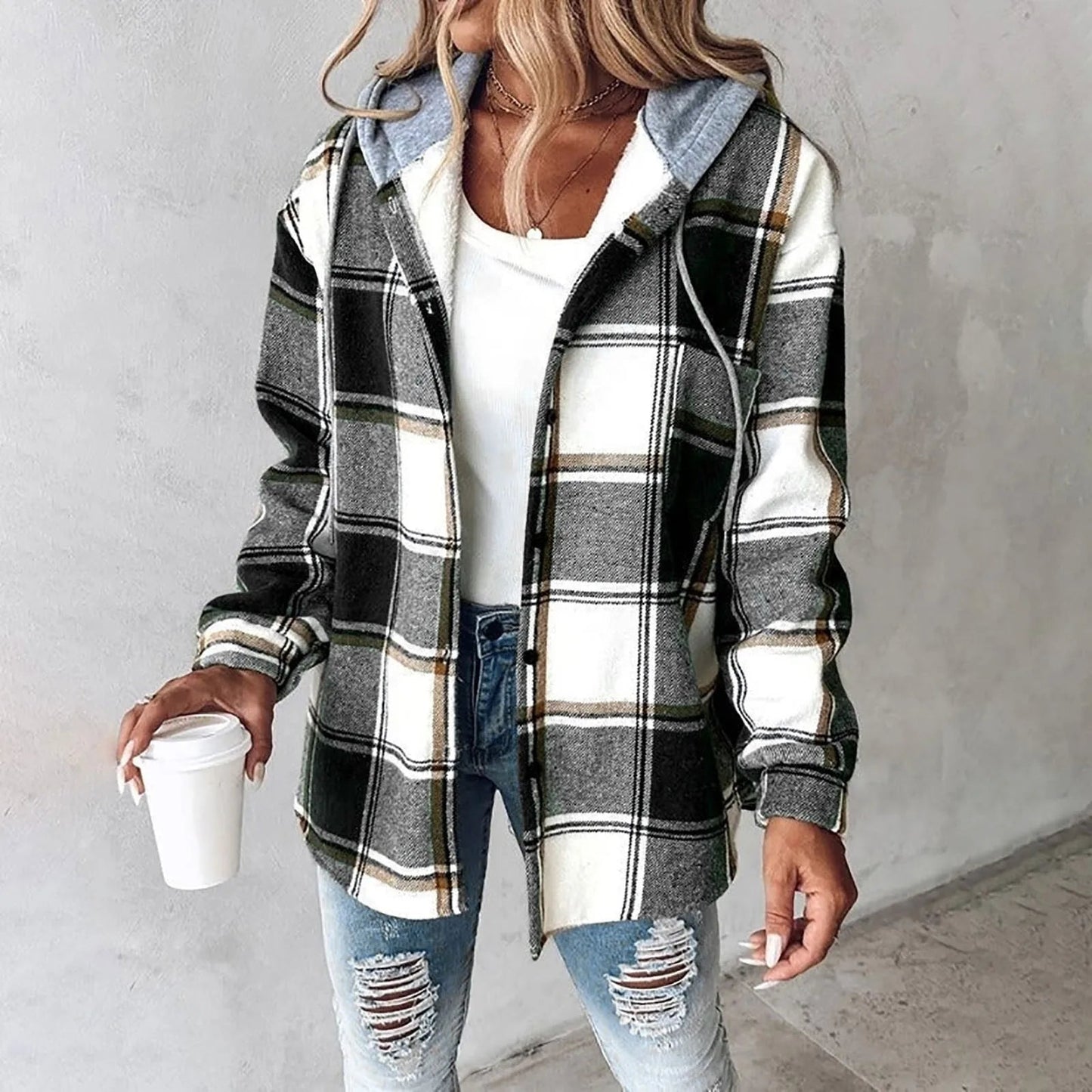LeRoxy | Dames Geruite jacket met Capuchon | Jas met Knoopsluiting en Lange Mouwen | Casual Overhemdjack