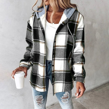 LeRoxy | Dames Geruite jacket met Capuchon | Jas met Knoopsluiting en Lange Mouwen | Casual Overhemdjack