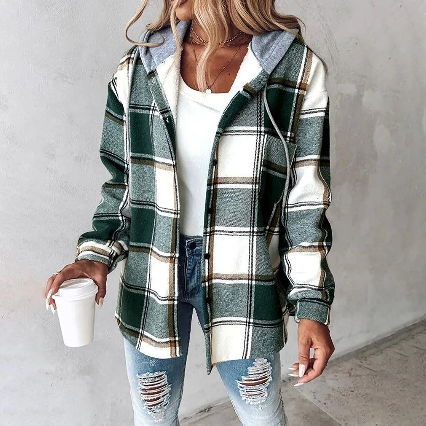 LeRoxy | Dames Geruite jacket met Capuchon | Jas met Knoopsluiting en Lange Mouwen | Casual Overhemdjack