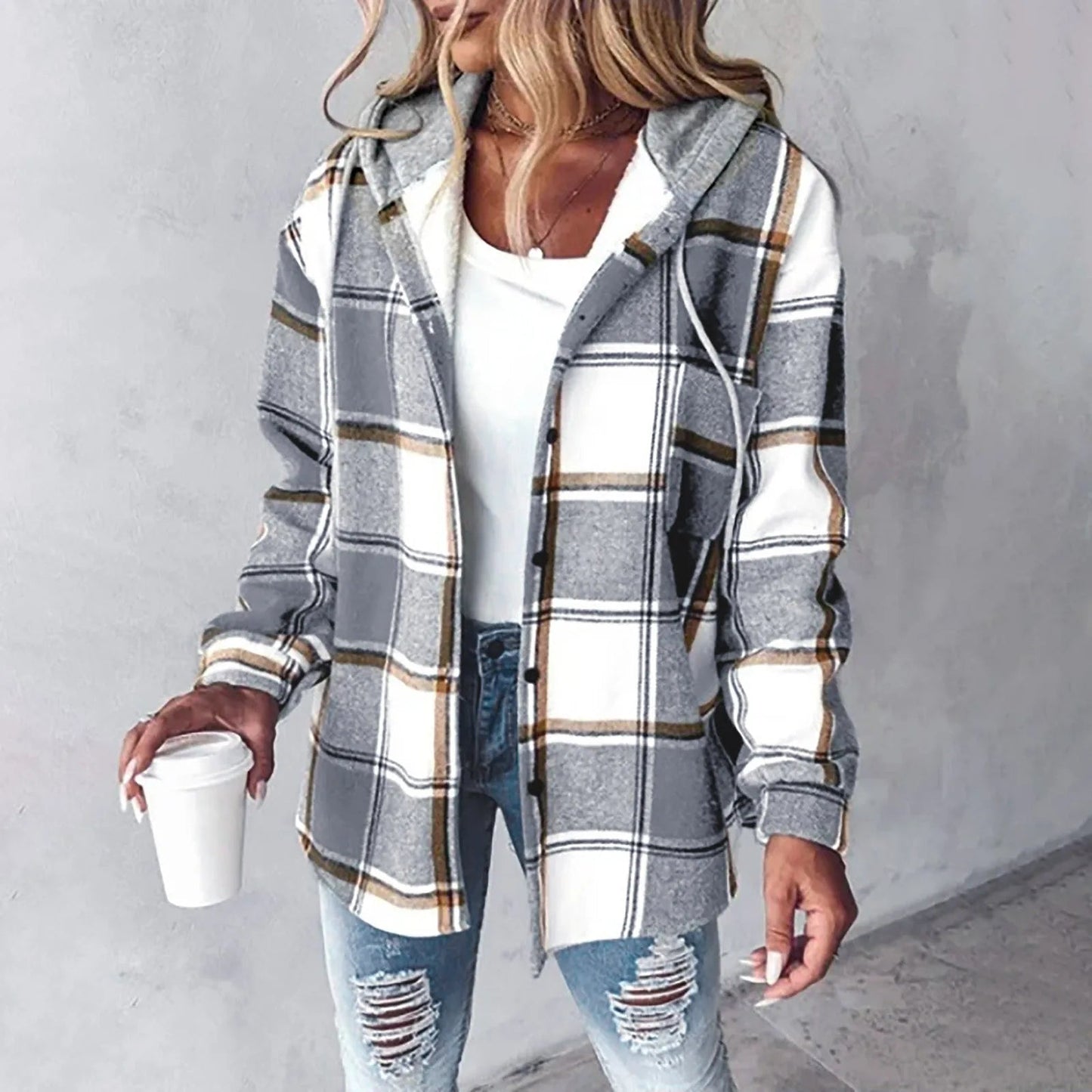 LeRoxy | Dames Geruite jacket met Capuchon | Jas met Knoopsluiting en Lange Mouwen | Casual Overhemdjack