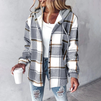 LeRoxy | Dames Geruite jacket met Capuchon | Jas met Knoopsluiting en Lange Mouwen | Casual Overhemdjack