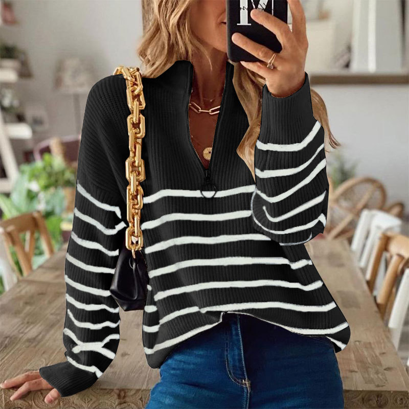 LeRoxy | Dames Sweatshirt Met Halve Rits | Relaxed Fit, Gebreid, Gestreept, Ribboorden