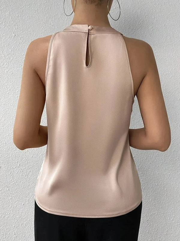 LeRoxy | Dames Satijnen Blouse Mouwloos | Open Schouders, Halternek & Plooidetail | Elegant