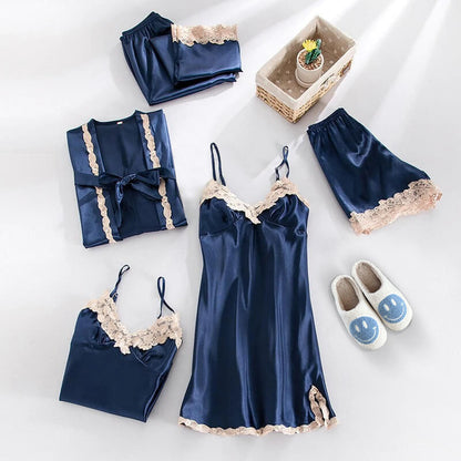 LeRoxy | Luxe Satijnen Pyjama Set 5-delig met Elegante Kantdetails voor Dames