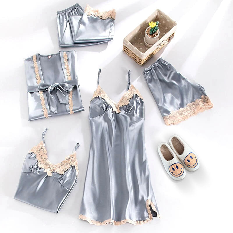LeRoxy | Luxe Satijnen Pyjama Set 5-delig met Elegante Kantdetails voor Dames