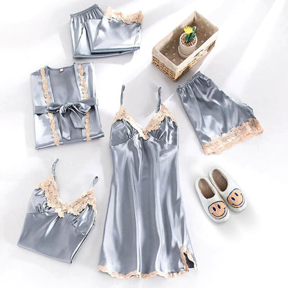 LeRoxy | Luxe Satijnen Pyjama Set 5-delig met Elegante Kantdetails voor Dames