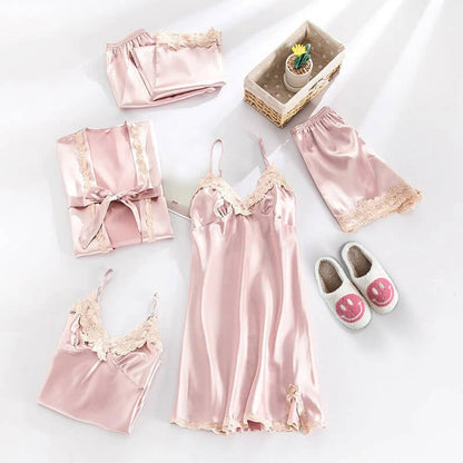 LeRoxy | Luxe Satijnen Pyjama Set 5-delig met Elegante Kantdetails voor Dames