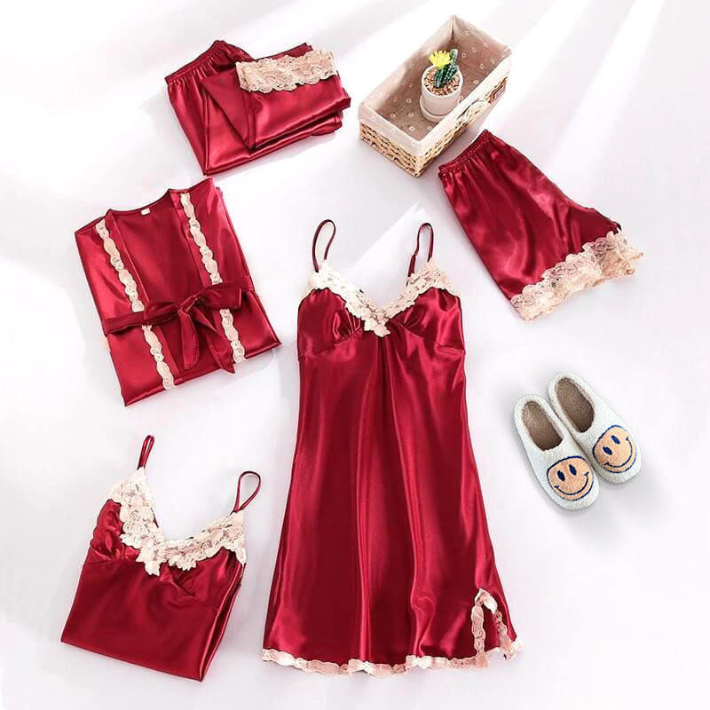LeRoxy | Luxe Satijnen Pyjama Set 5-delig met Elegante Kantdetails voor Dames