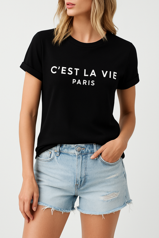 LeRoxy | T-shirt met Tekst C'est La Vie | Dames T-shirt met Franse Opdruk | Casual Mode uit Parijs