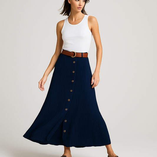 LeRoxy | Vloeiende Maxi Rok voor Vrouwen | Veelzijdige Knopenrok voor Comfort en Stijl