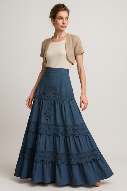 LeRoxy | Boho-Chic Gelaagde Maxi Rok | Stijlvolle Lange Denim Rok voor Dames