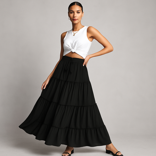 LeRoxy | Gelaagde Maxi Rok voor Dames | Elegante Lange Rok met Elastische Tailleband