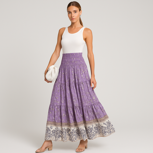 LeRoxy | Maxirok Dames | Gelaagde Boho-Stijl Rok met Bloemenprint | Zomerrok Lang en Zwierig