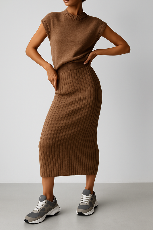 LeRoxy Elegante Mouwloze Vest & Gebreide Rok – Stijlvolle en Comfortabele Mode voor Elke Gelegenheid
