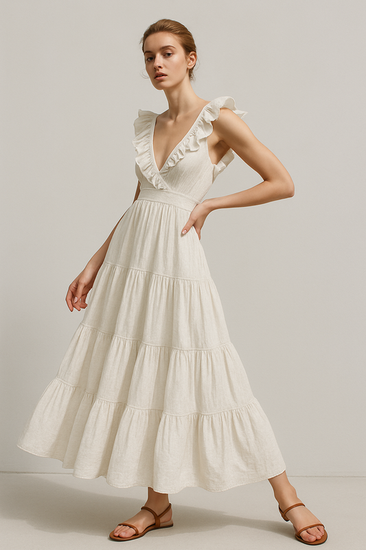 LeRoxy | Maxi jurk dames met V-hals en ruches | Elegante Lorena jurk