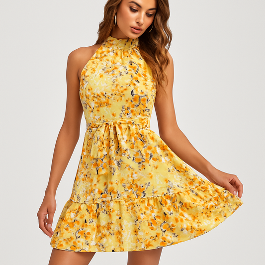 LeRoxy | Zomer Korte Ruches Bloemenjurk Halternek Dames | Mode LeRoxy