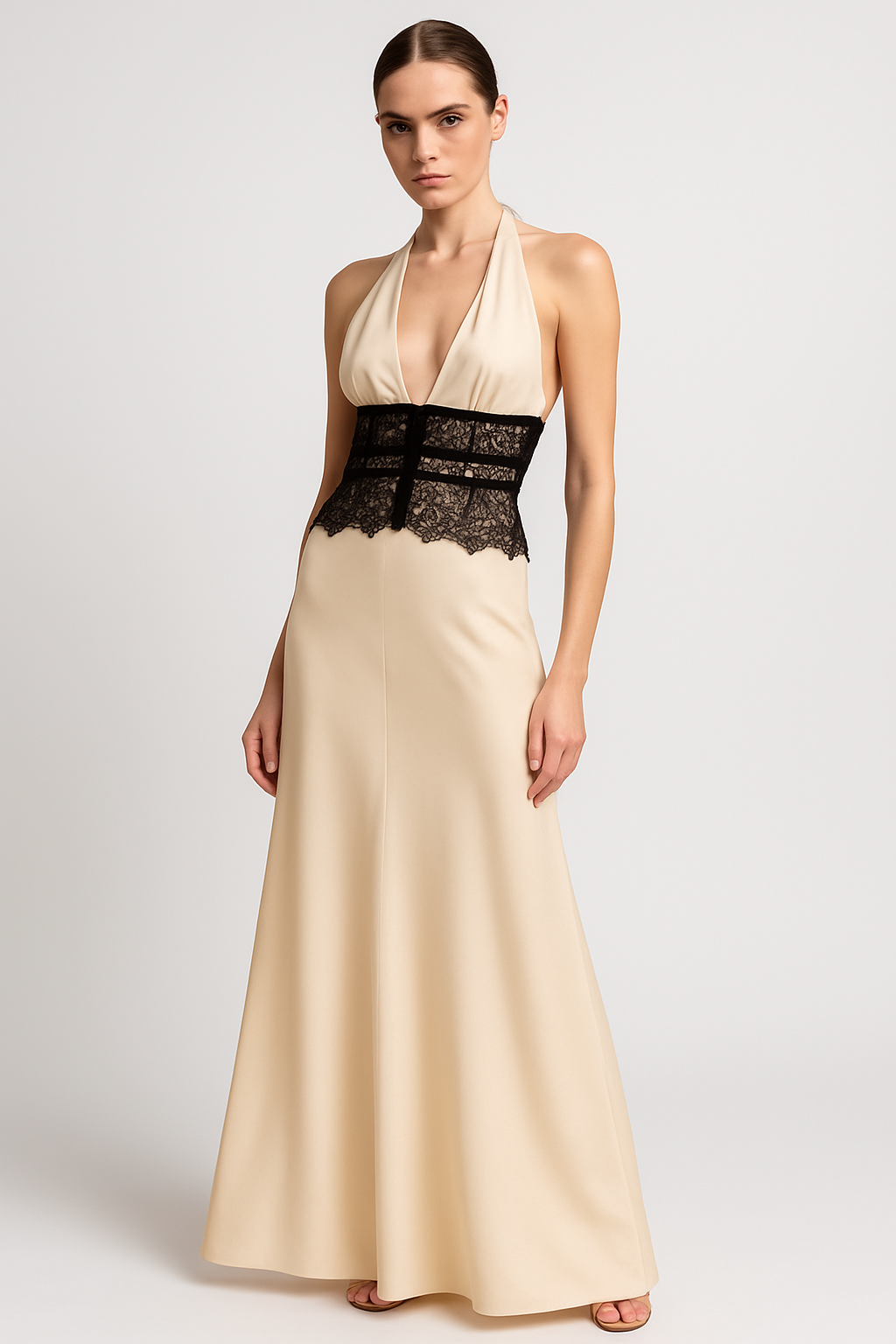 LeRoxy | Maxi Jurk van Kant en Satijn | Zwart/Ivoor | Elegante Avondjurk voor Dames