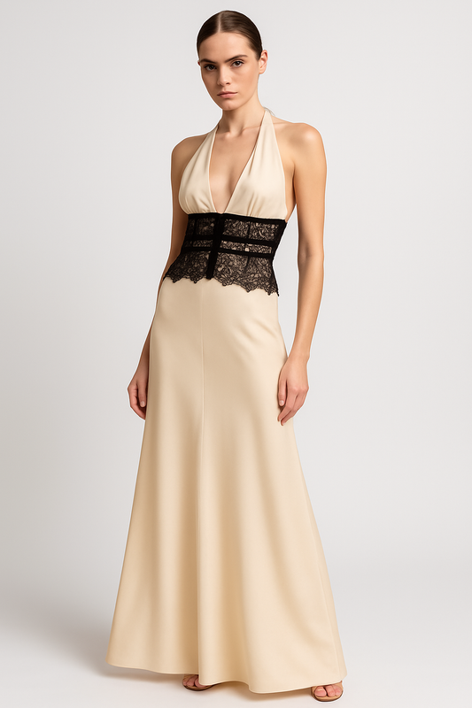 LeRoxy | Maxi Jurk van Kant en Satijn | Zwart/Ivoor | Elegante Avondjurk voor Dames