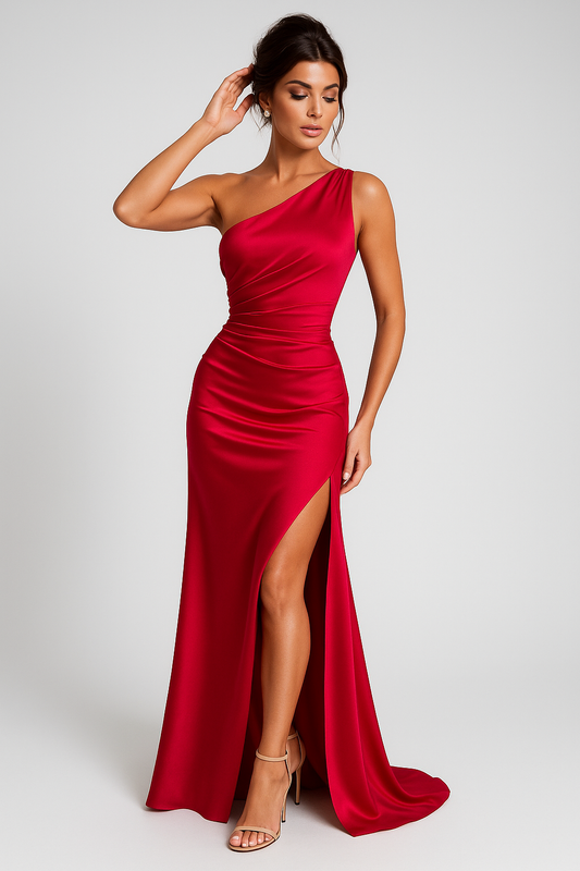 LeRoxy | Elegante Satijnen Splitjurk | Eén Schouder Avondjurk | Luxe Damesmode