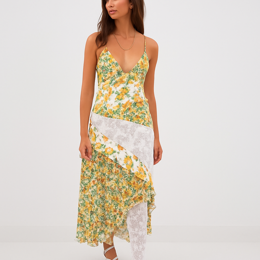 LeRoxy | Bloemenjurk met Diepe Halslijn en Patchworkdetails | Blossom Breeze