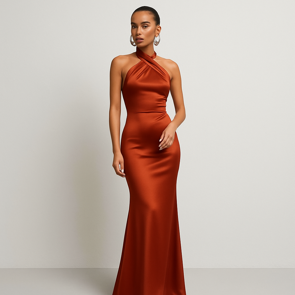 LeRoxy | Satijnen Kruishalter Maxi Jurk | Groen, Zwart & Bruin | Elegante Avondjurk