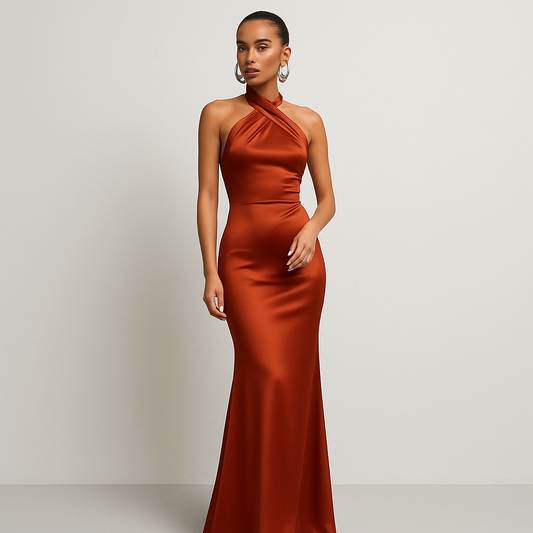 LeRoxy | Satijnen Kruishalter Maxi Jurk | Groen, Zwart & Bruin | Elegante Avondjurk