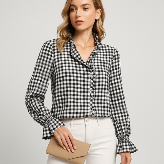 LeRoxy | Vintage Geruite Blouse Dames - Elegante Casual Overhemd van Polyester