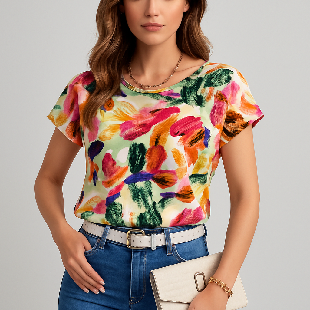LeRoxy | Blouse met Bloemmotief en Vleermuismouwen |  Ronde Hals en Korte Mouwen
