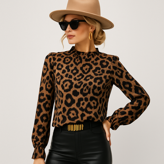 LeRoxy | Luipaard Blouse Dames | Trendy Blouse met Geplooide Kraag | Animal Print