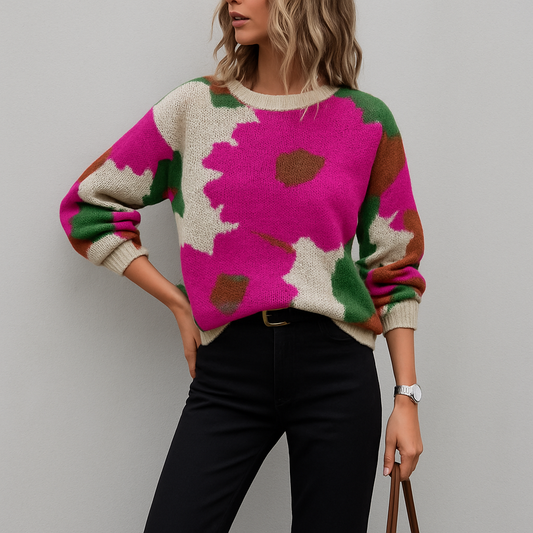 LeRoxy |Dames Gebreide Trui Wolmix met Bloemenprint | Ronde Hals, Ballonmouwen, Relaxte Pasvorm