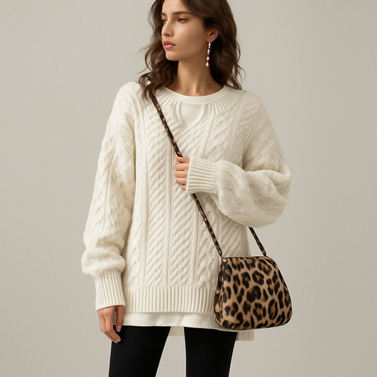 LeRoxy | Dames Oversized Trui Gebreid Wol Kabelpatroon | Ronde Hals met Inkeping
